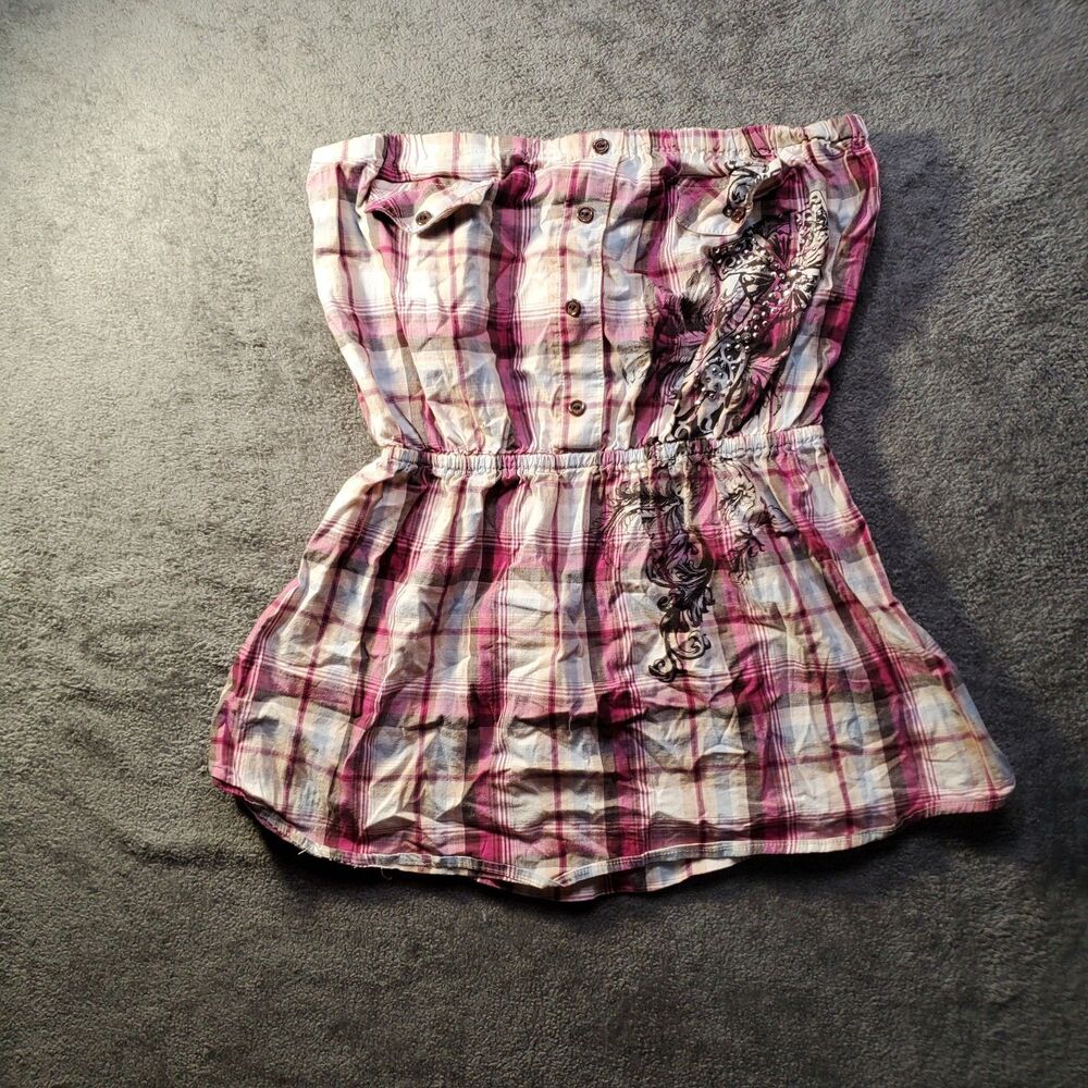 Vintage Y2K Hot Tempered Tattoo Inspired Plaid Tube Top McBling Indie Sleaze L